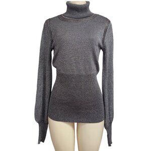 Kaily K Metallic Fleck Turtleneck Gray Ribbed Stretch‎ Balloon Puff Sleeve Top